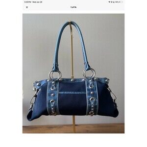 Kathy Van Zeeland Blue Denim & Faux Leather Satchel Bag/Purse Grommets/Studs
